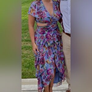 Boohoo Petite Floral Dobby Mesh Cut Out Dress with Tie Back